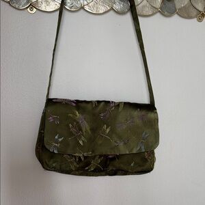 Vintage Olive Green Shoulder Bag with Dragonfly Design